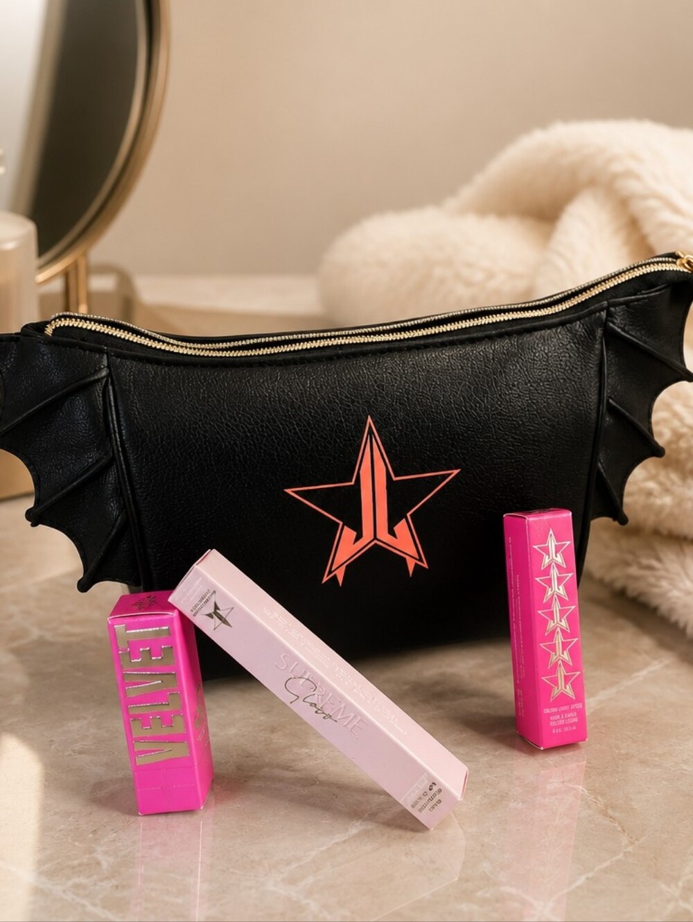 Jeffree Star Black Bat Wing Cosmetic Bag with Logo And 3fer Lip Gloss And Lipsti
